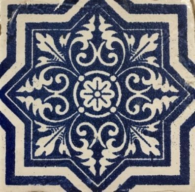 Chateau Deco #2 Blue design on White background on Terracotta clay body