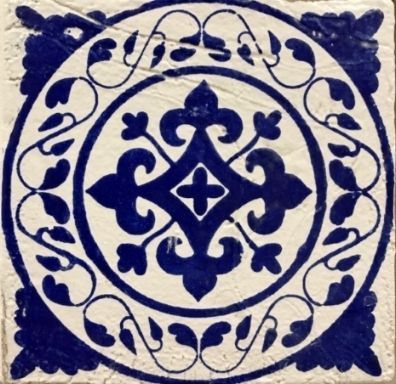 Chateau Deco #6 Blue design on white background on Terracotta clay body