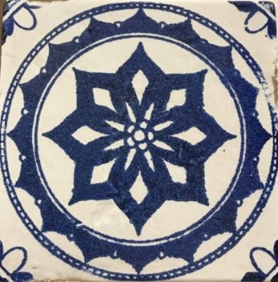 Chateau Deco #3 Blue design on white background on Terracotta clay body