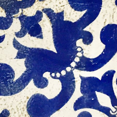 Chateau Deco #4 Blue design on white background on Terracotta clay body